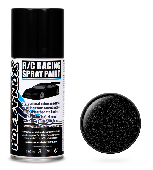Hobbynox Metallic Svart R/C Racing Spray Färg 150 ml i gruppen Bygg & Verktyg / Färg & penslar / Lexan sprayfärg hos Rynosx4 Hobbyshop AB (HN1203)