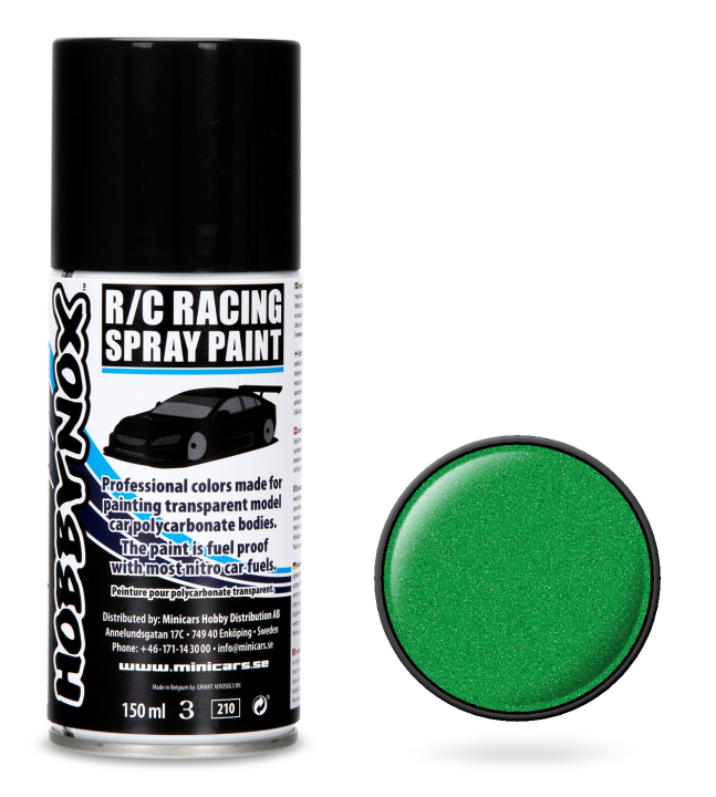 Hobbynox Metallic Grön R/C Racing Spray Färg 150 ml i gruppen Bygg & Verktyg / Färg & penslar / Lexan sprayfärg hos Rynosx4 Hobbyshop AB (HN1204)