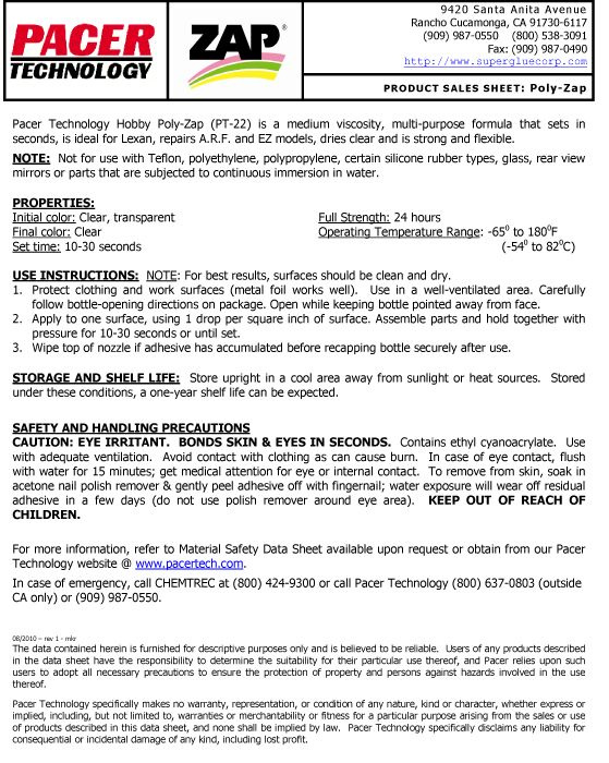ZAP POLY Lexan & ABS etc 14gr