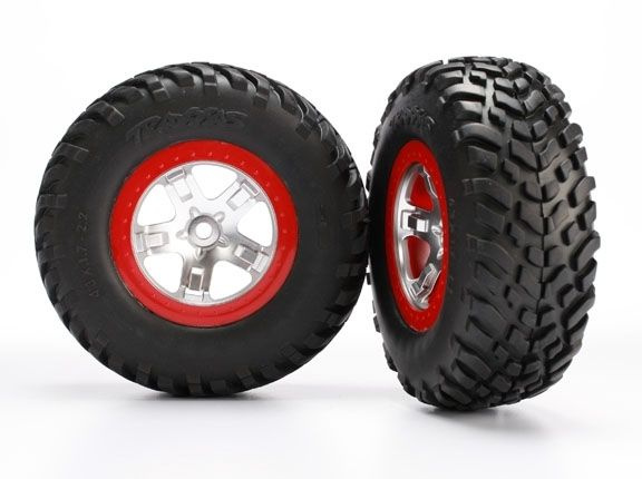 Traxxas Däck & Fälg SCT S1/SCT Matt Krom-Röd 4WD/2WD Bak (2)