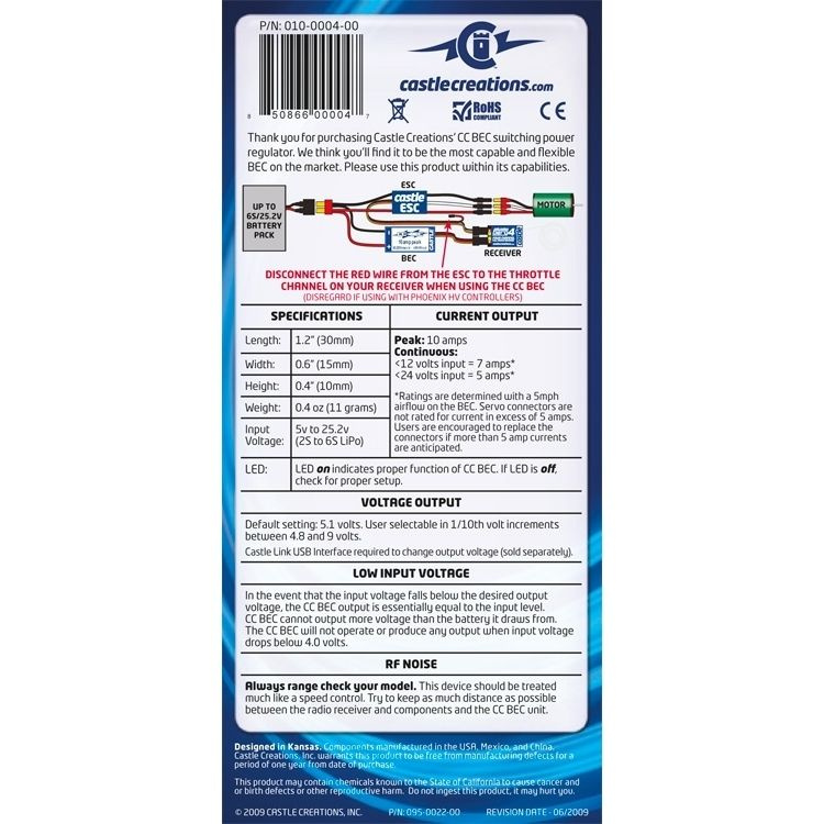 CC BEC 10A-PEAK 5-25V 2-6S LiPo