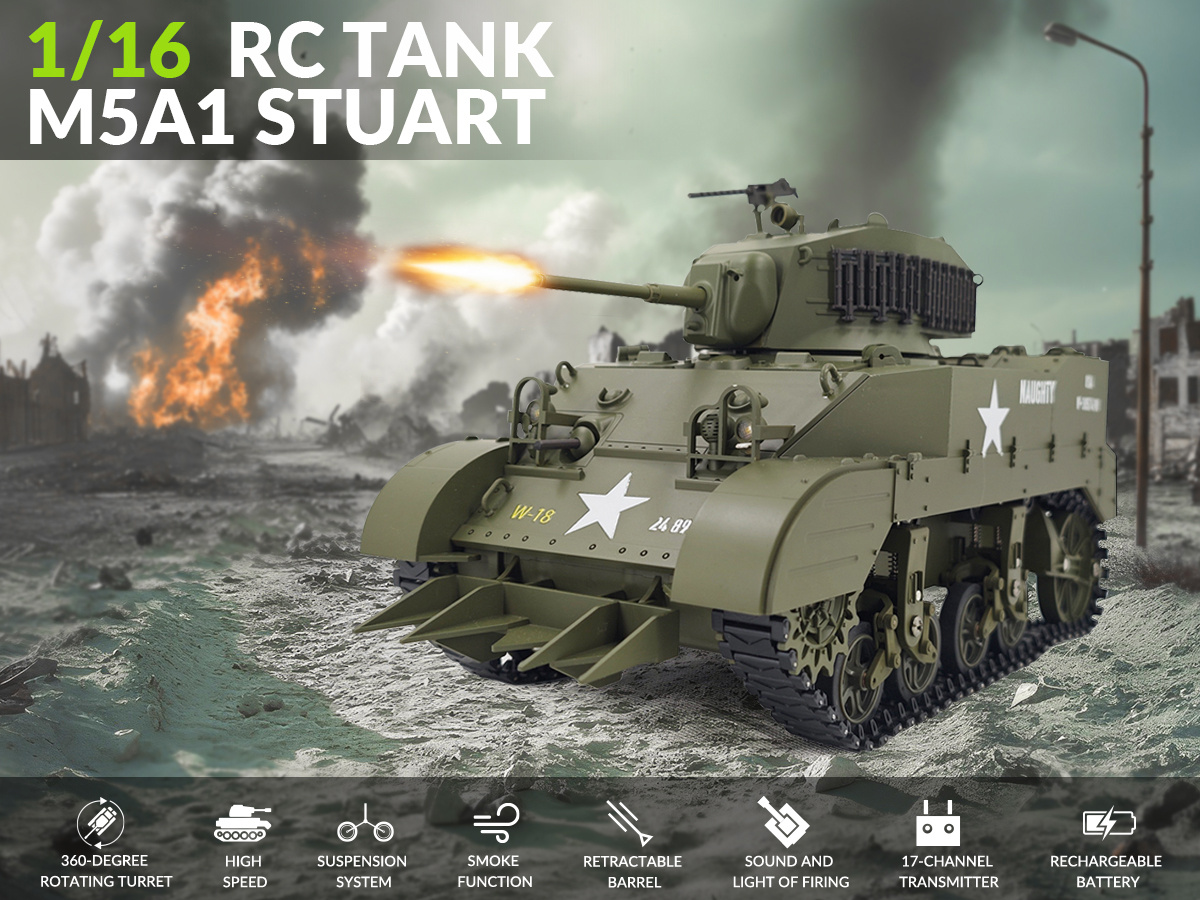Racent M5A1 Stuart RC Stridsvagn 1/16 Grön