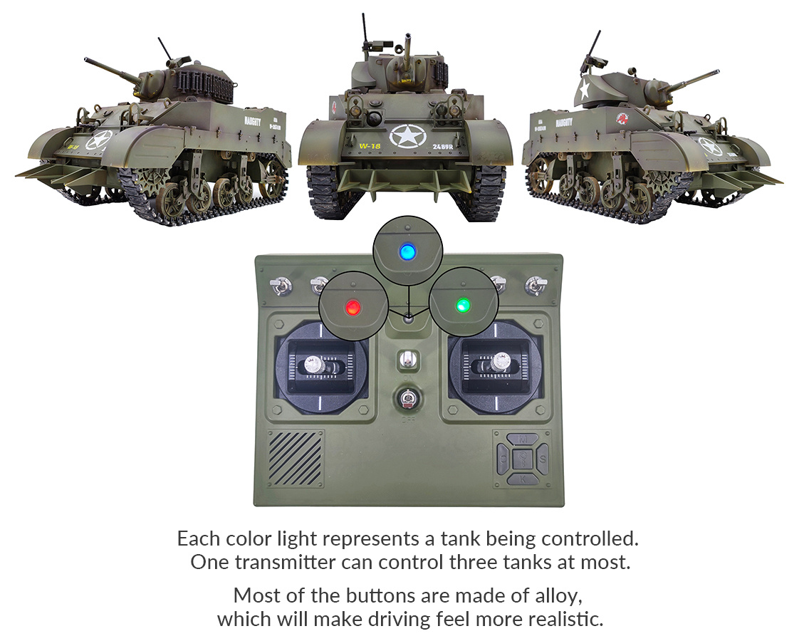 Racent M5A1 Stuart RC Stridsvagn 1/16 Grön