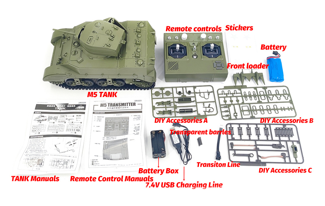 Racent M5A1 Stuart RC Stridsvagn 1/16 Röd