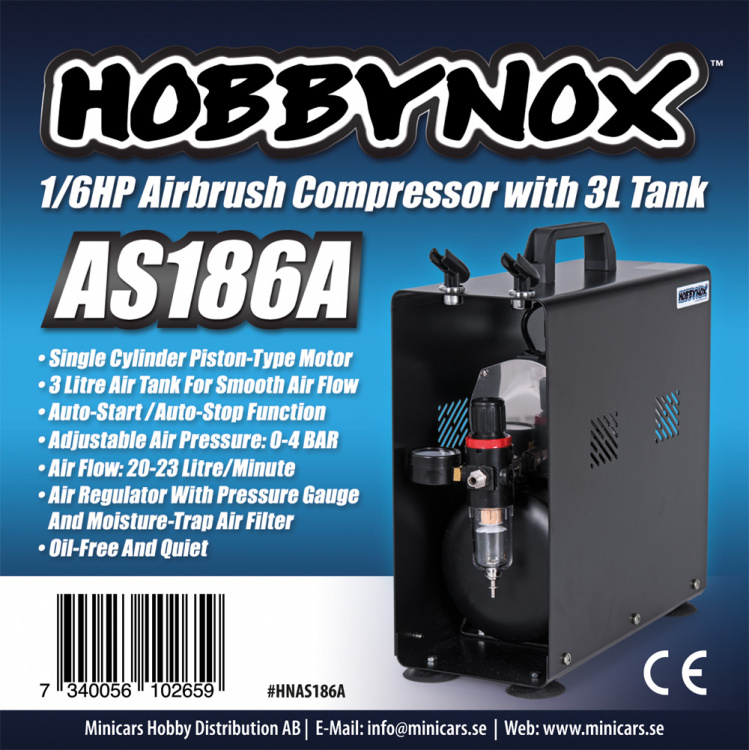 Hobbynox Airbrush Kompressor 1/6HP med 3L Tank (0-4BAR)