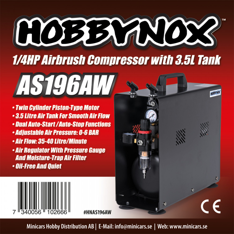 Hobbynox Airbrush Kompressor 1/4HP med 3.5L Tank (0-6BAR)