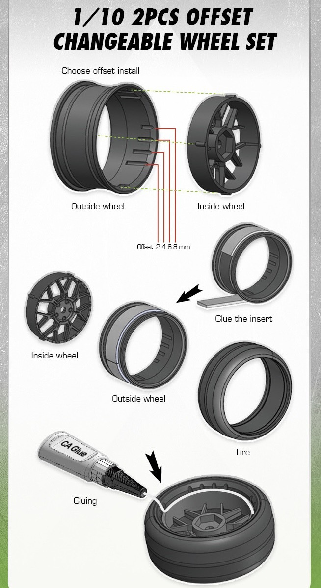 Däck & Fälg Drift / 5-Eker Vit (2,4,6,8mm Offset) 12mm Hex (4)