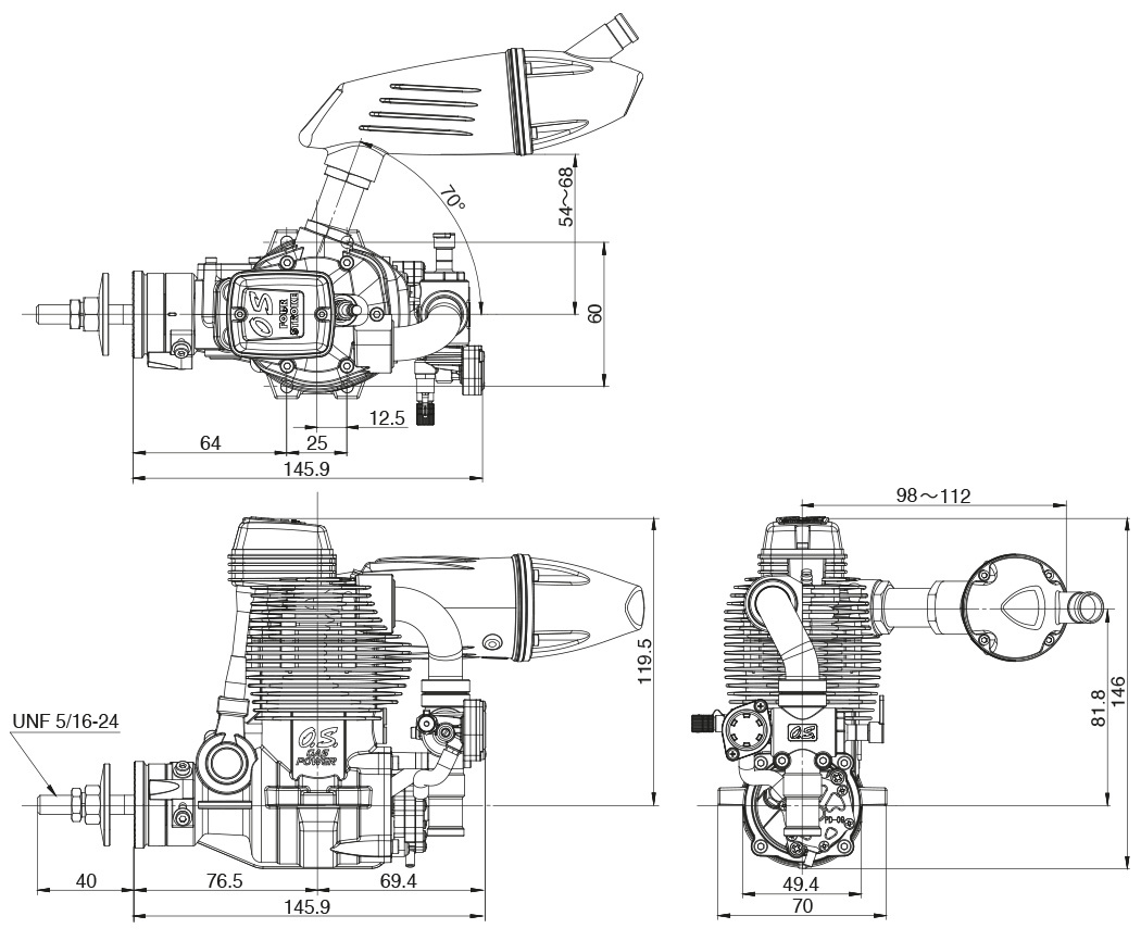 O.S. GF30II 30cc 4-Takts Bensinmotor med Ljuddämpare