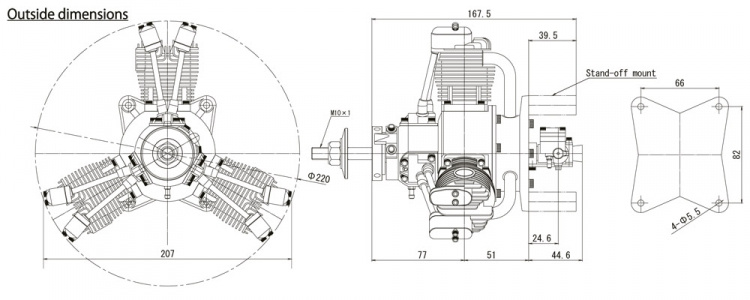 Saito FG-60R3 60cc 4-takts 3-cyl Stjärnmotor Bensin