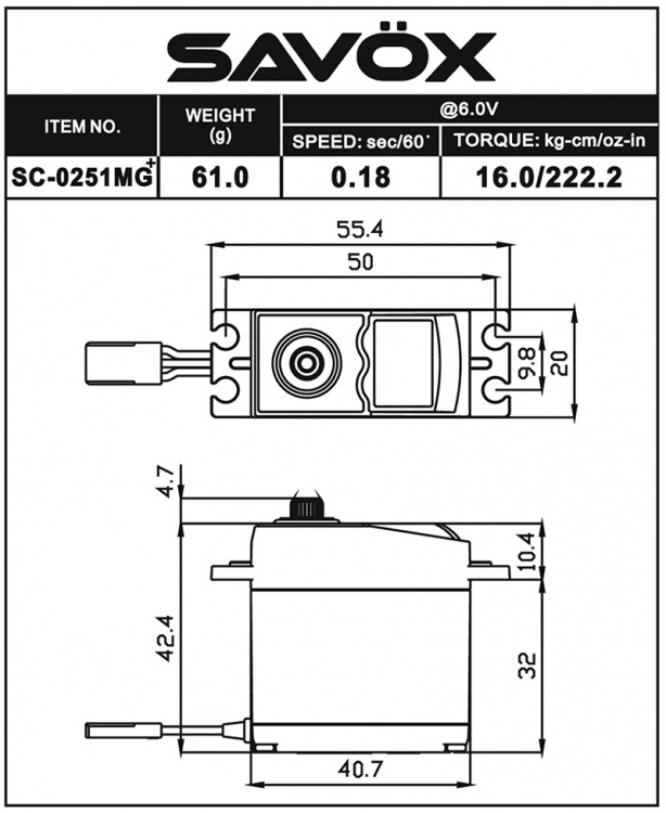Savöx SC-0251MG-PLUS Servo 16kg 0.18s Metalldrev