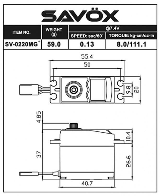 Savöx SV-0220MG Plus Servo 8kg 0.13s HV Metalldrev