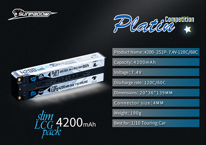 Sunpadow Li-Po Batteri 2S 7,4V 4200mAh 120C Slim Stick Platin