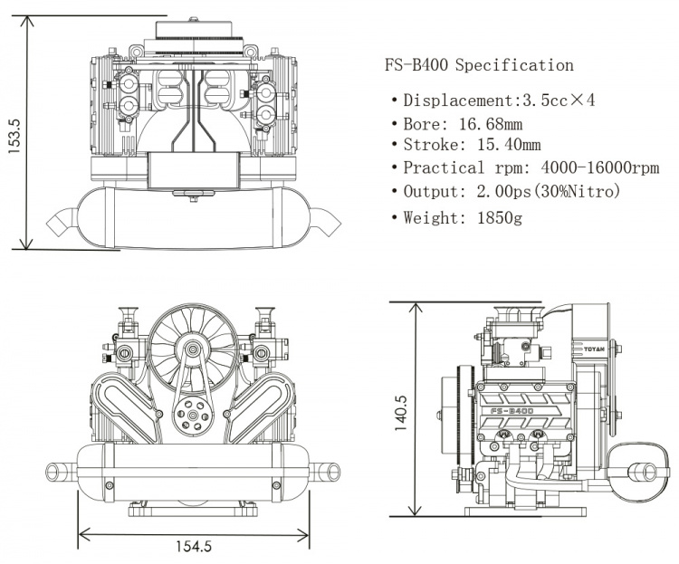 Toyan FS-B400 4-Cyl Boxer Metanolmotor 4-Takt Byggsats