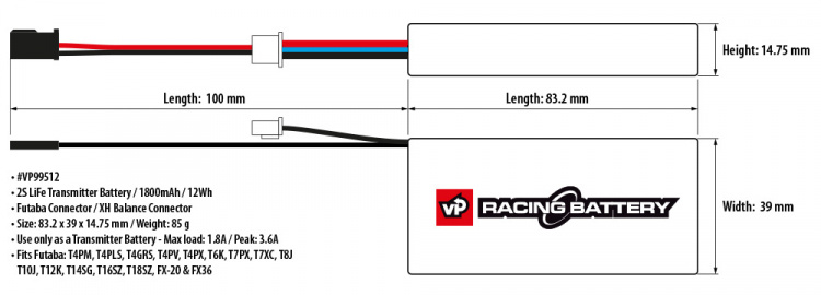 Vapex Sändarbatteri LiFe 6.6V 1800mAh